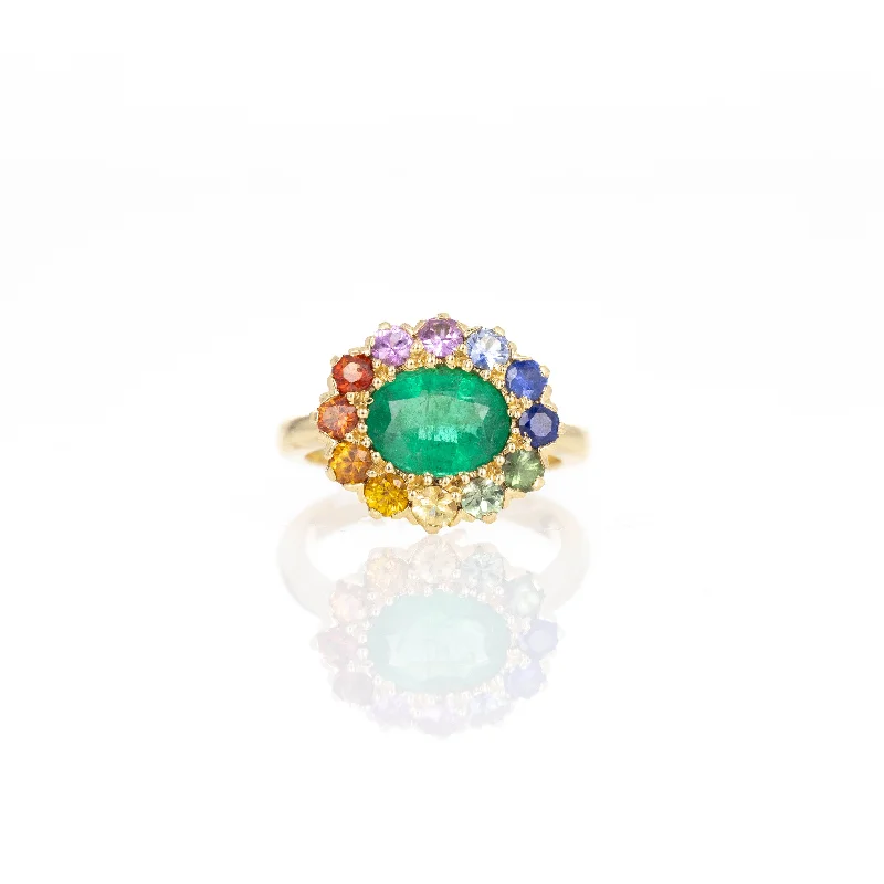 18K Yellow Gold 1.92 Carat Emerald Multi-Color Sapphire Halo Ring