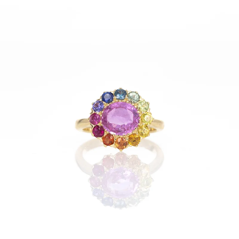 18K Yellow Gold 2.33 Carat Pink Sapphire Multi-Color Halo Ring