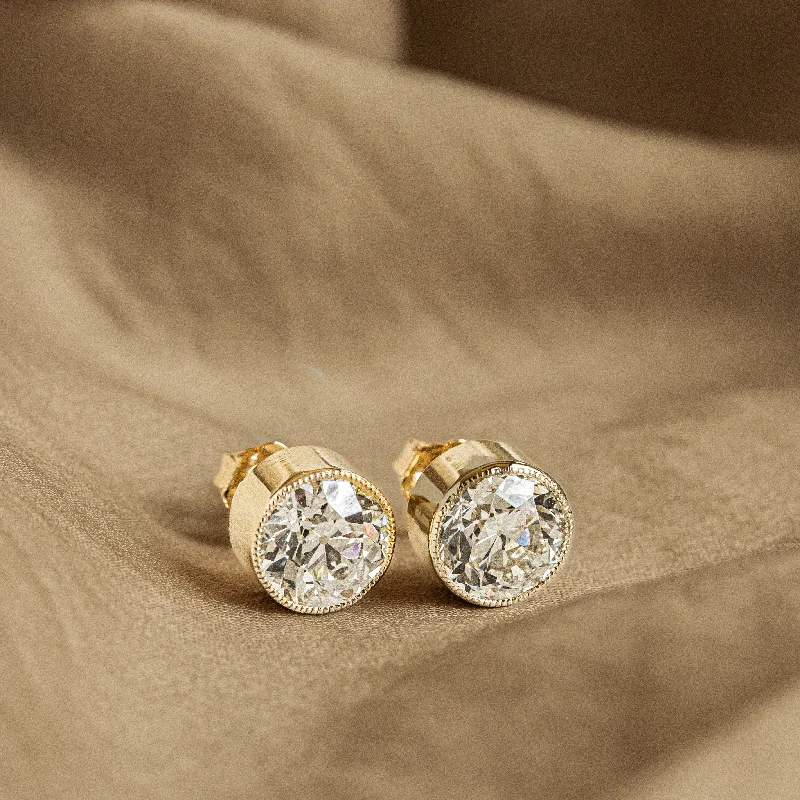 18K Yellow Gold 3.25 Carat Total Weight Old European Diamond Bezel Stud Earrings GIA Certified