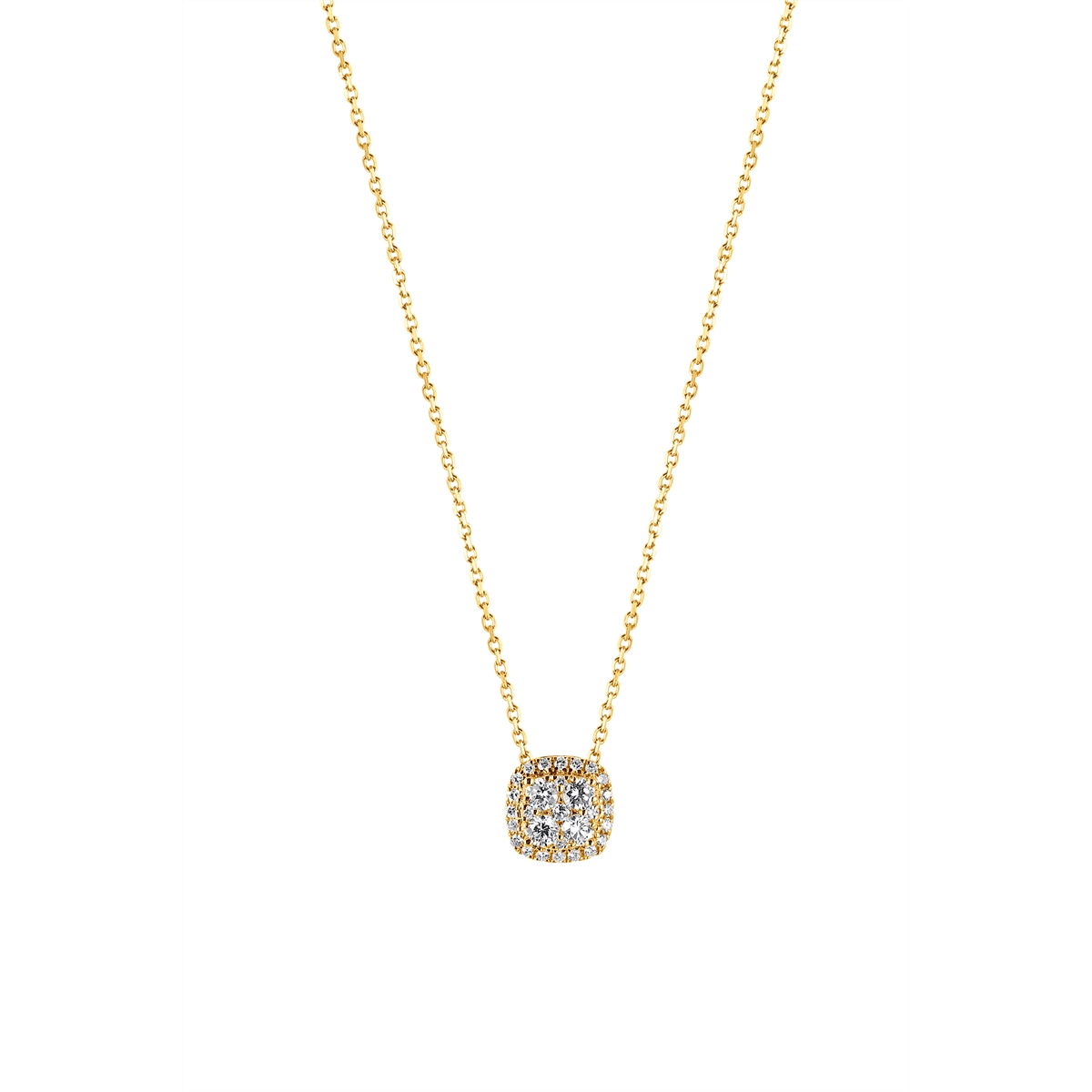 18K Yellow Gold Cushion Design Cluster Diamond Pendant Necklace