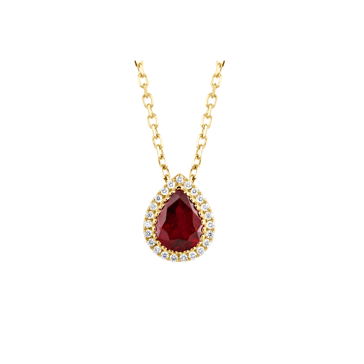 18K Yellow Gold Pear Ruby with Diamond Halo Pendant Necklace