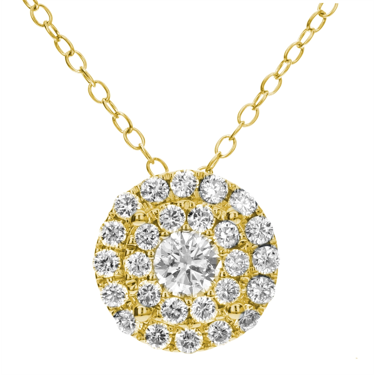 18K Yellow Gold Round Diamond with Double Halo Pendant Necklace