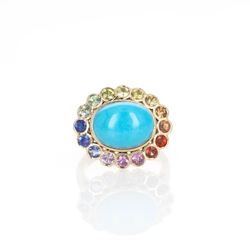 18K Yellow Gold Turquoise Multi-Color Sapphire Halo Ring