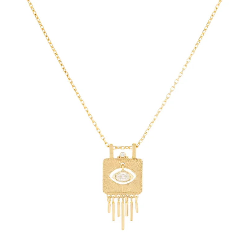 Small Solid Gold Plate with Sunbeams & Dangling Eye Diamond Necklace