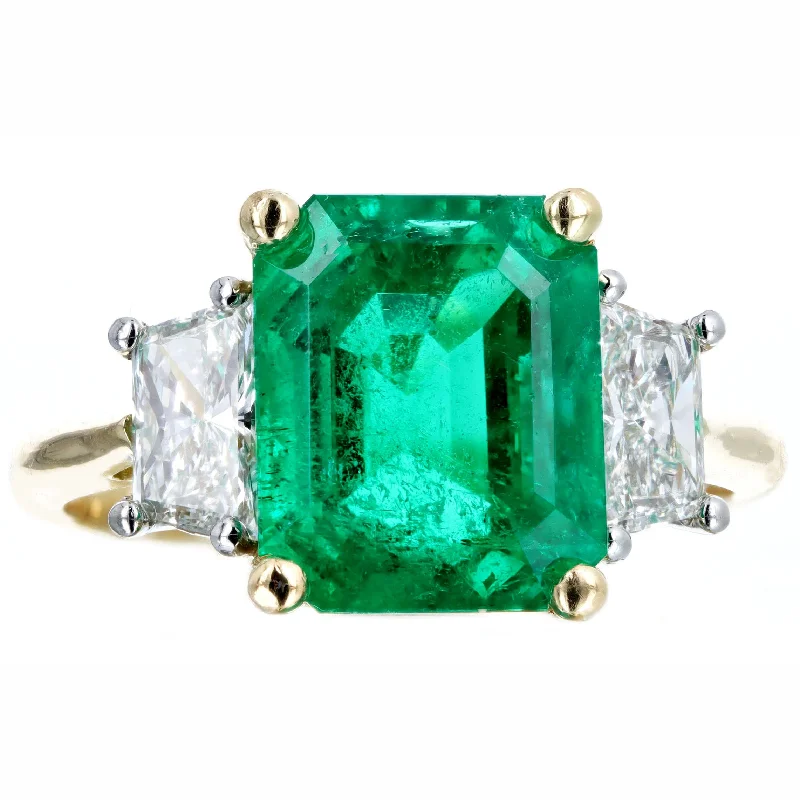 4.47 Carat Natural Colombian Emerald & Trapezoid Diamond Three Stone Ring AGL Certified