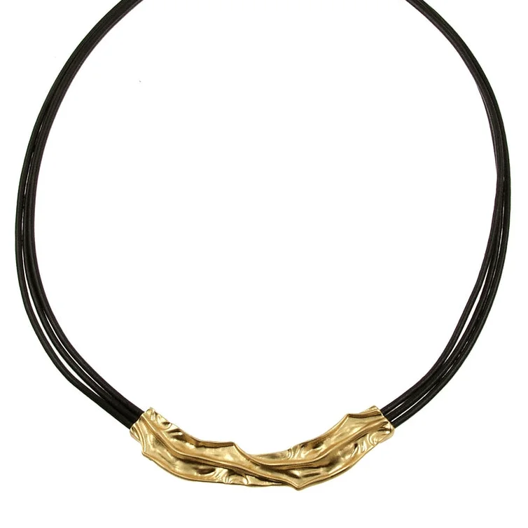 Gold Crinkle Bar Black Leather Necklace