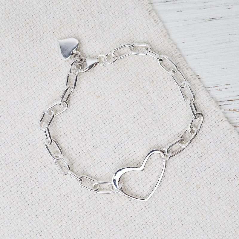 Sterling Silver Large Oval Link Heart Bracelet