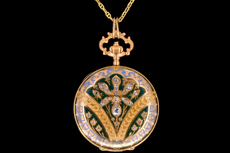 Antique 14K Yellow Gold Enamel & Rose Cut Diamond Pocket Watch Conversion Locket Pendant Necklace