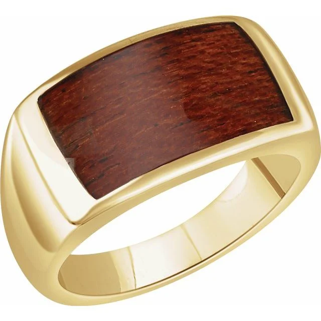 Ave 369 Men's 14k Yellow Gold Rectangle Cherry Wood Ring Size 11