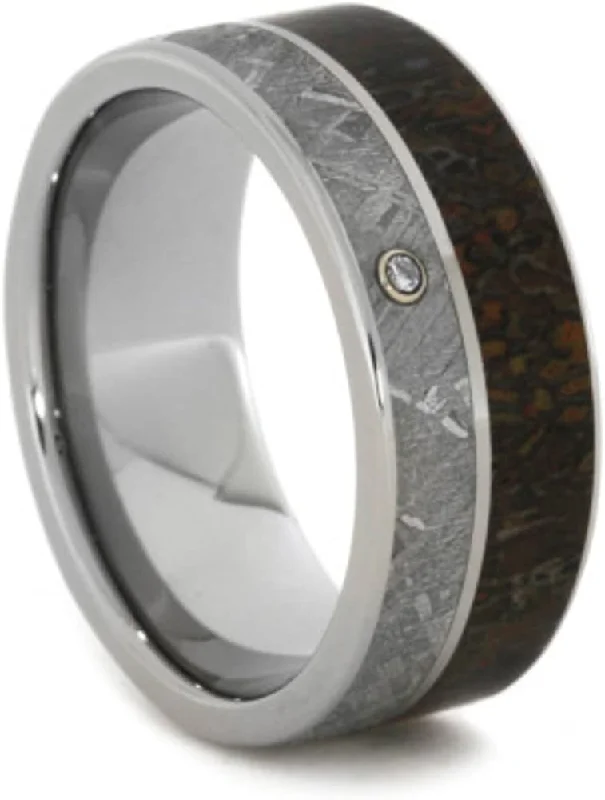 Bezel-Set Diamond, Dinosaur Bone, Gibeon Meteorite 8mm Comfort-Fit Titanium Band, Size 10.75