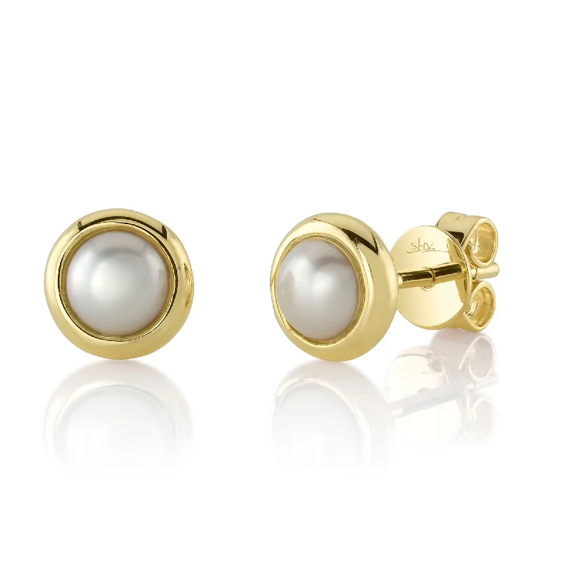 Bezel Set Pearl Studs