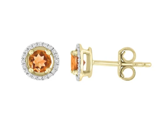 Bremer Jewelry Round Shape Citrine and Diamond Solitaire/Stud Earrings in 14K Yellow Gold (0.55ctw)