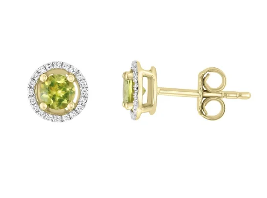 Round Shape Peridot and Diamonds Solitaire/Stud Earrings in 14K Yellow Gold (0.64ctw)