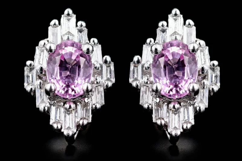 14K White Gold Oval Pink Natural Sapphire & Baguette Diamond Stud Earrings