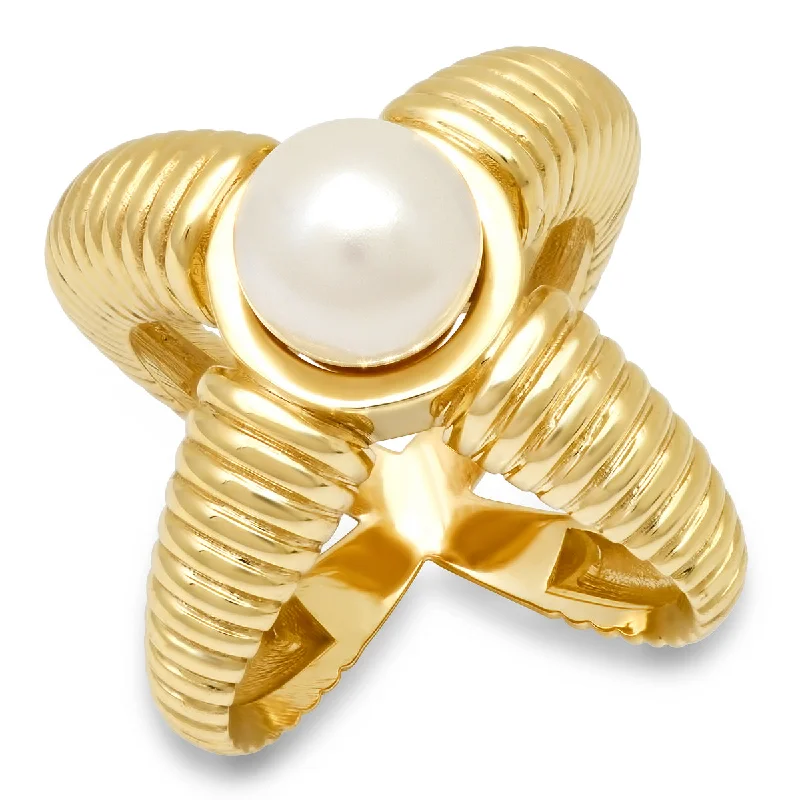 14K YG Criss Cross Reeded Gold Pearl Ring