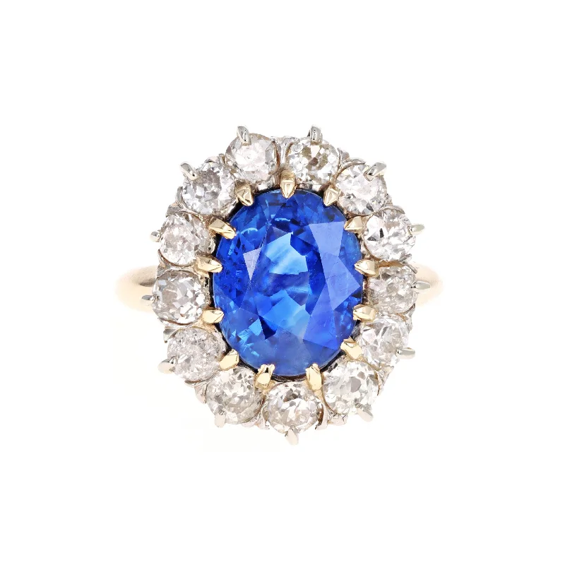 5.01 Carat Oval Natural No Heat Sapphire & Old European Diamond Halo Ring in 14K Gold GIA Certified