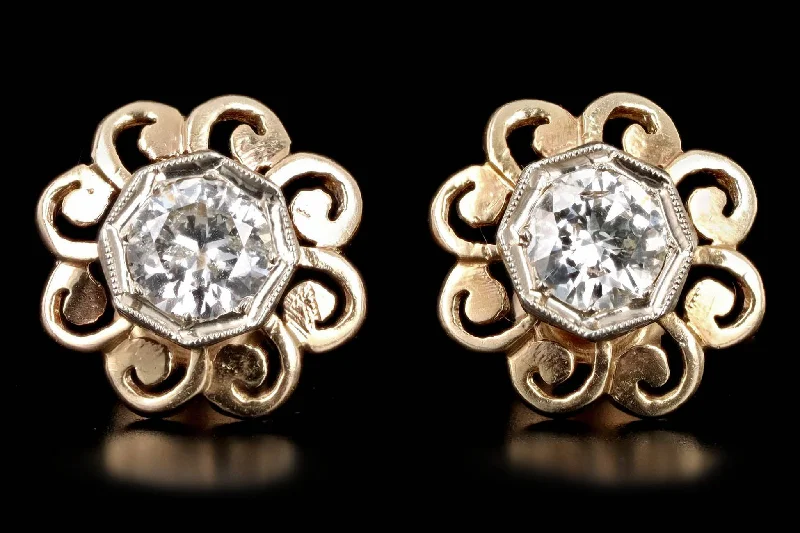 Art Deco 14K Gold Two Tone 1 Carat Total Weight Old European Diamond Geometric Screw Back Stud Earrings