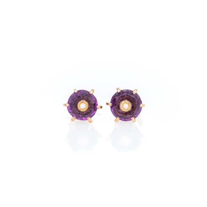 Victorian Round Amethyst Seed Pearl Inlay Stud Earrings