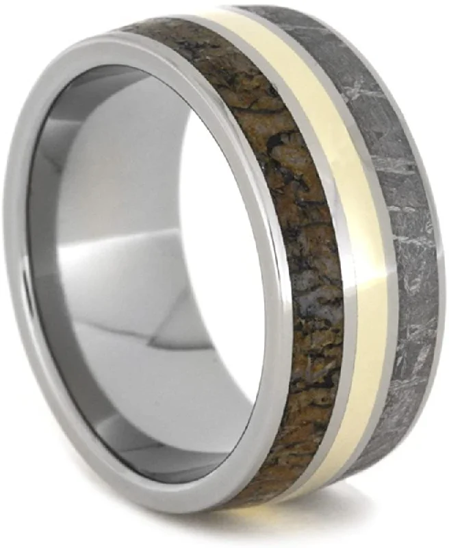 Dinosaur Bone, Gibeon Meteorite, 14k Yellow Gold 11mm Comfort-Fit Titanium Band, Size 13.5