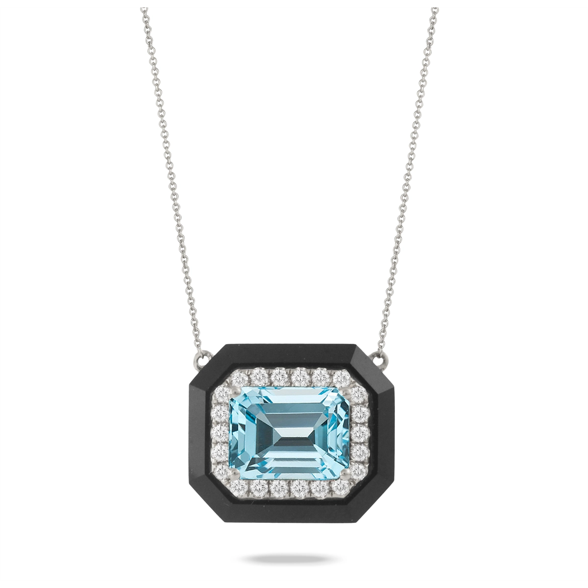 Doves 18K White Gold Sky Blue Topaz with Diamond Halo and Black Onyx Border Pendant Necklace