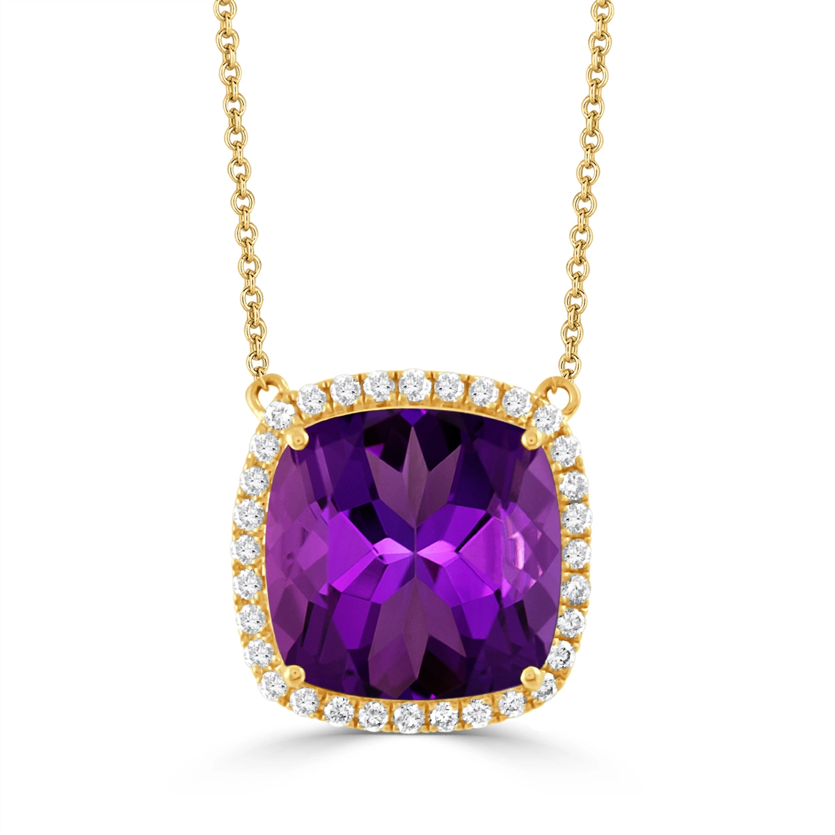 Doves 18K Yellow Gold Cushion Amethyst with Diamond Halo Pendant Necklace