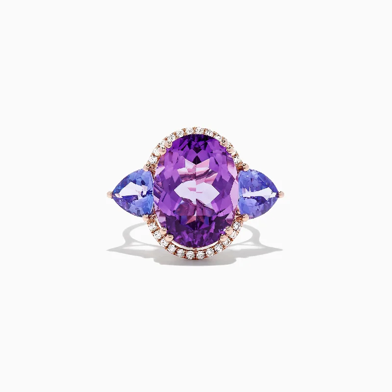 14K Rose Gold Amethyst, Tanzanite and Diamond Ring, 10.28 TCW