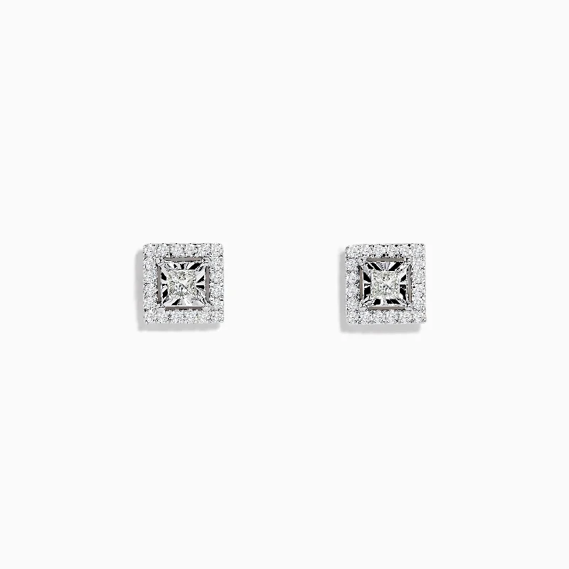 14K White Gold Square Diamond Halo Stud Earrings 0.46 TCW