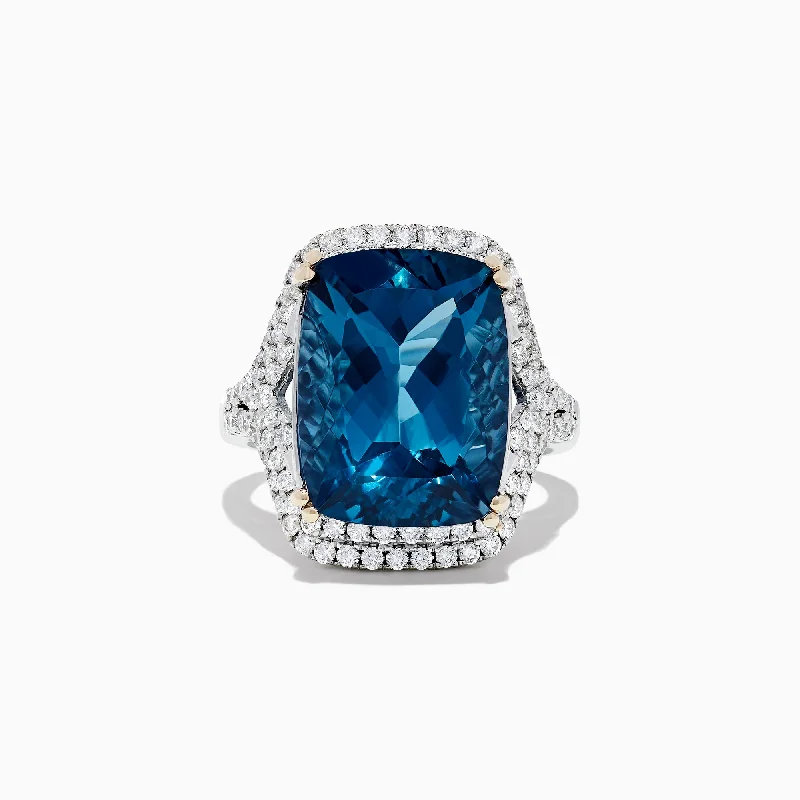 14K White Gold London Blue Topaz and Diamond Cocktail Ring, 16.85 TCW