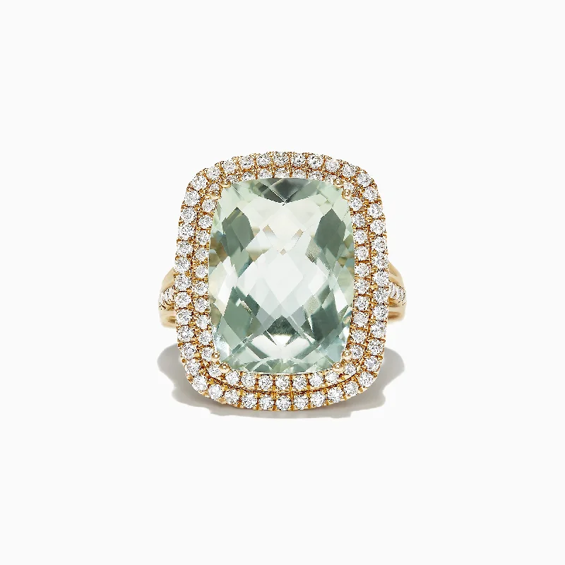 14K Yellow Gold Green Amethyst and Diamond Cocktail Ring, 11.22 TCW