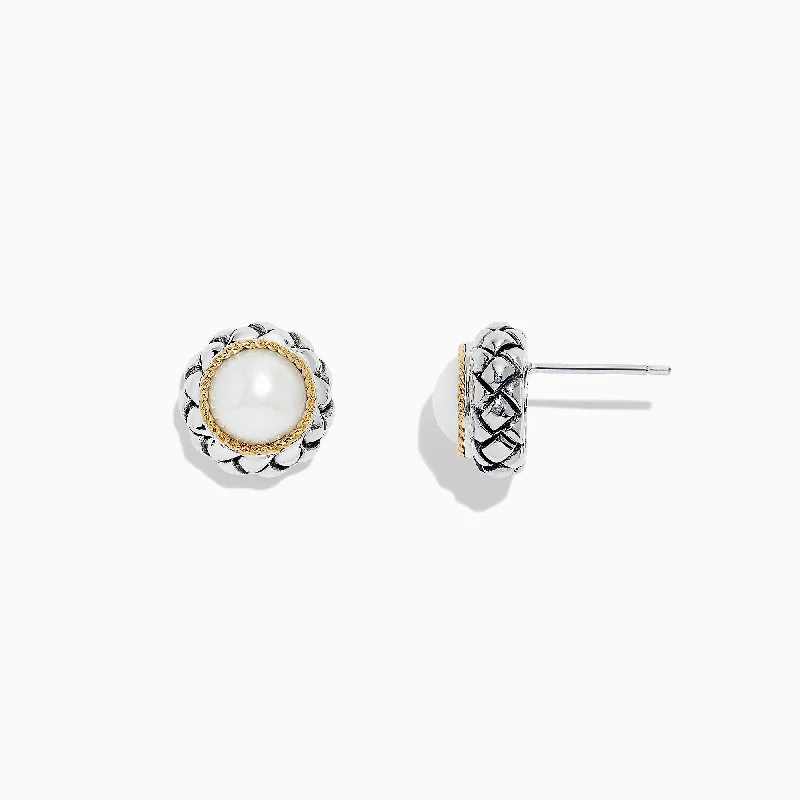 925 Sterling Silver & 18K Yellow Gold Cultured Fresh Water Pearl Stud Earrings