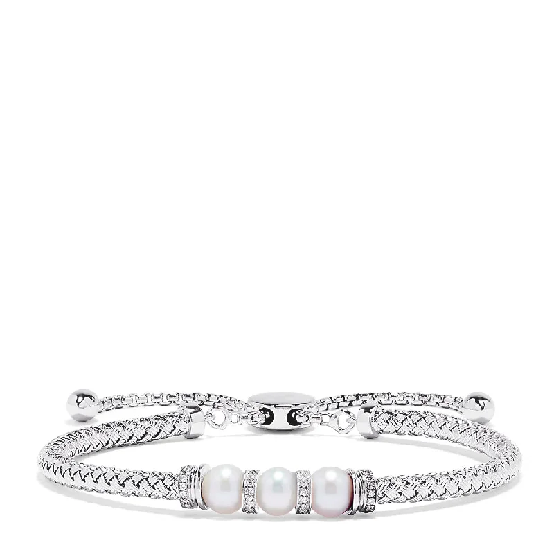 925 Sterling Silver Pearl with Diamond Accent Bracelet, 0.10 TCW