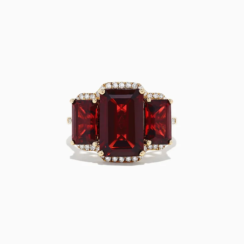 Bordeaux 14K Yellow Gold Garnet and Diamond Three Stone Ring, 8.62 TCW