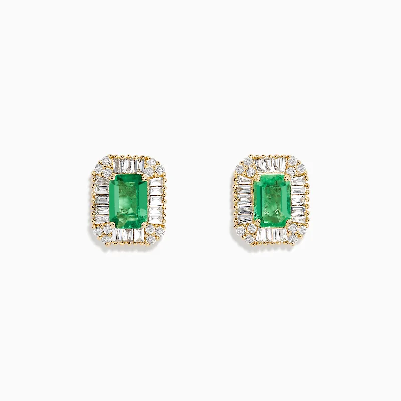 14K Yellow Gold Baguette Diamond Halo Emerald Stud Earrings