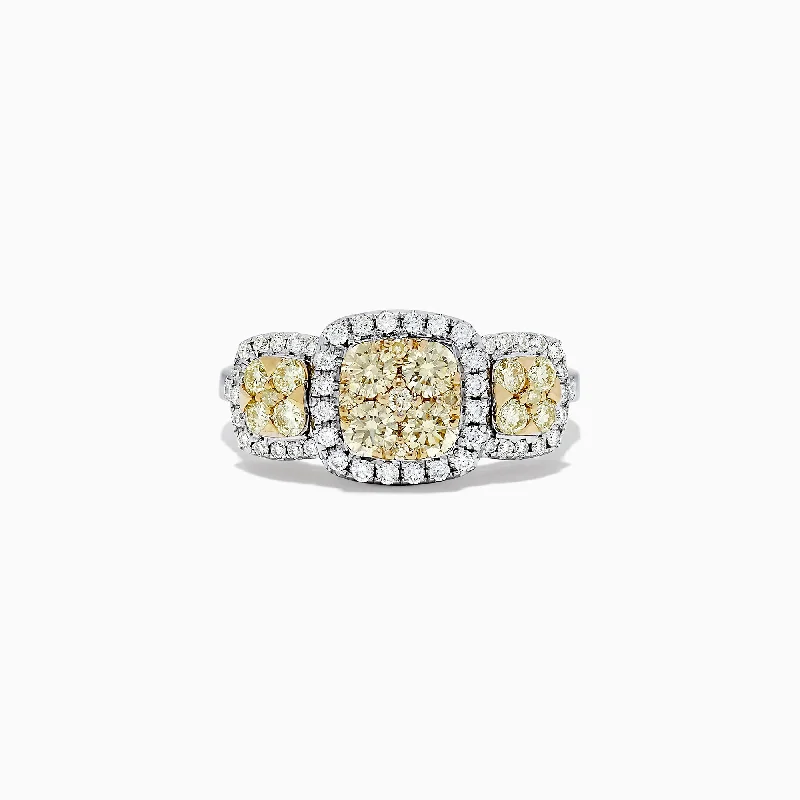 Canare 14K Two Tone Gold Yellow Diamond Cushion Shaped Cluster Ring, 1.10 TCW