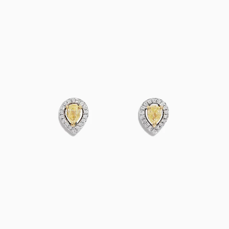 Canare 18K Two Tone Gold Pear Halo Yellow Diamond Stud Earrings, 0.36 TCW