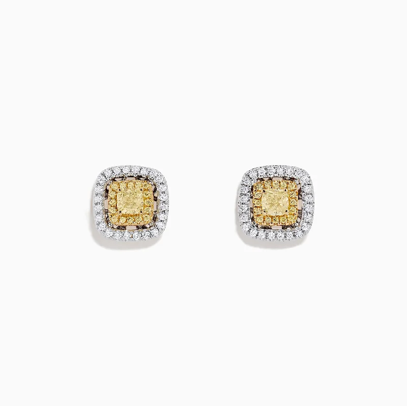 Canare 18K Two Tone Gold Double Halo Yellow Diamond Stud Earrings, 0.76 TCW