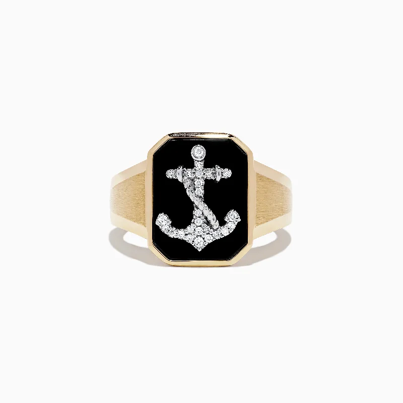 Men's 14K Two Tone Gold Agate and Diamond Anchor Ring, 1.66 TCW