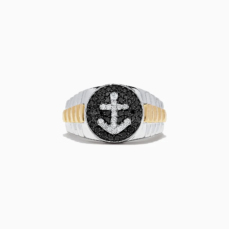 Men's 14K Two Tone Gold Black and White Diamond Anchor Ring, 0.61 TCW