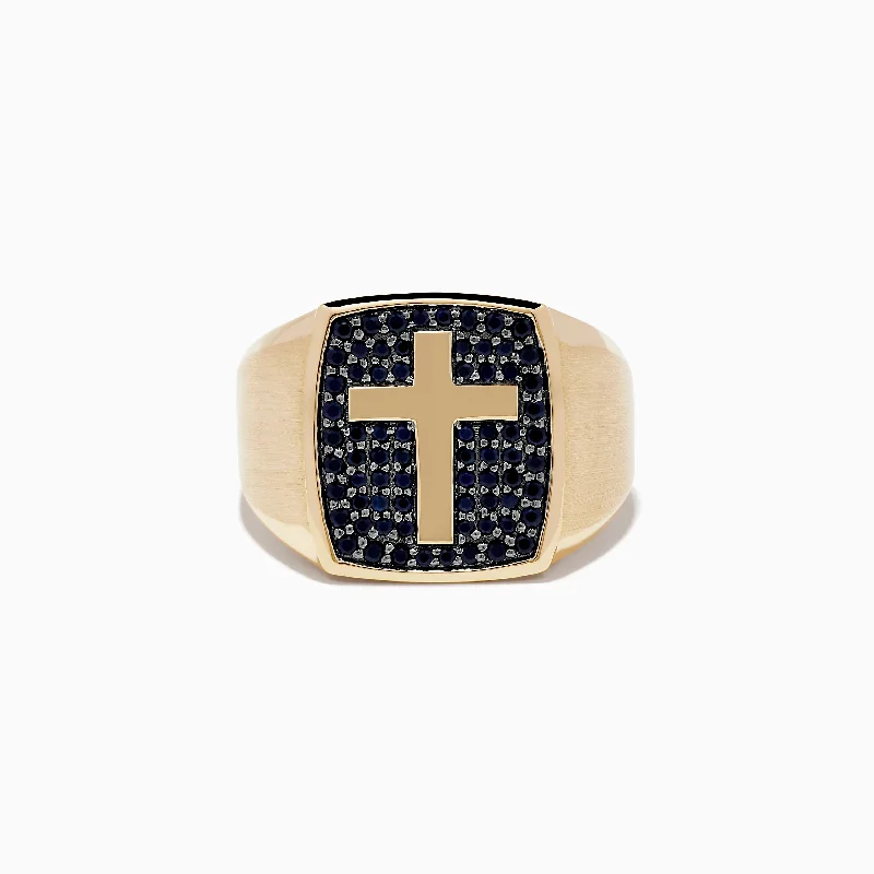 Men's 14K Yellow Black Sapphire Gold Cross Ring