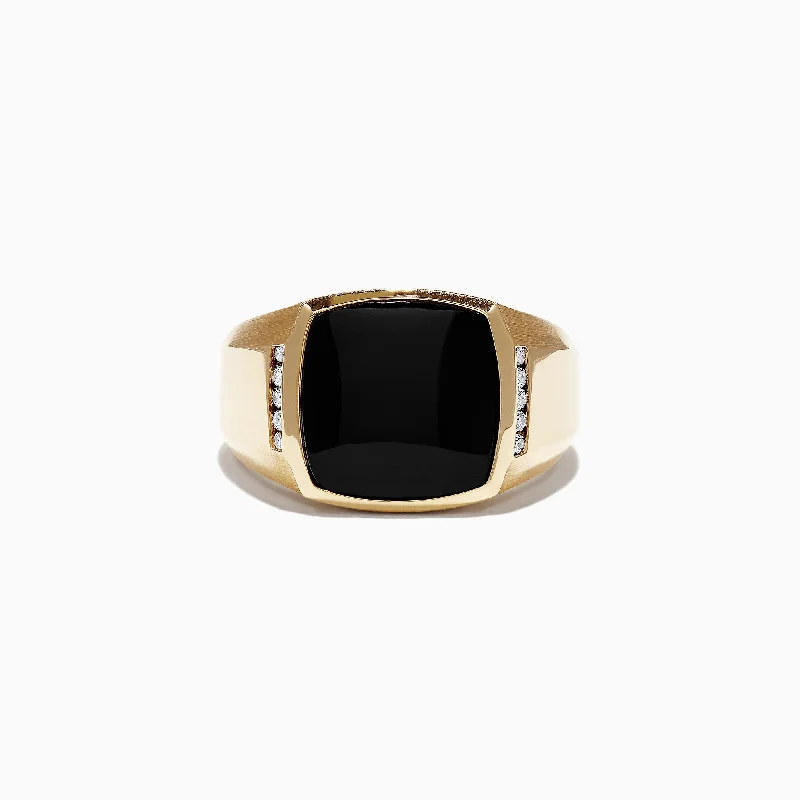 Men's 14K Yellow Gold Black Agate and Diamond Ring, 0.13 TCW