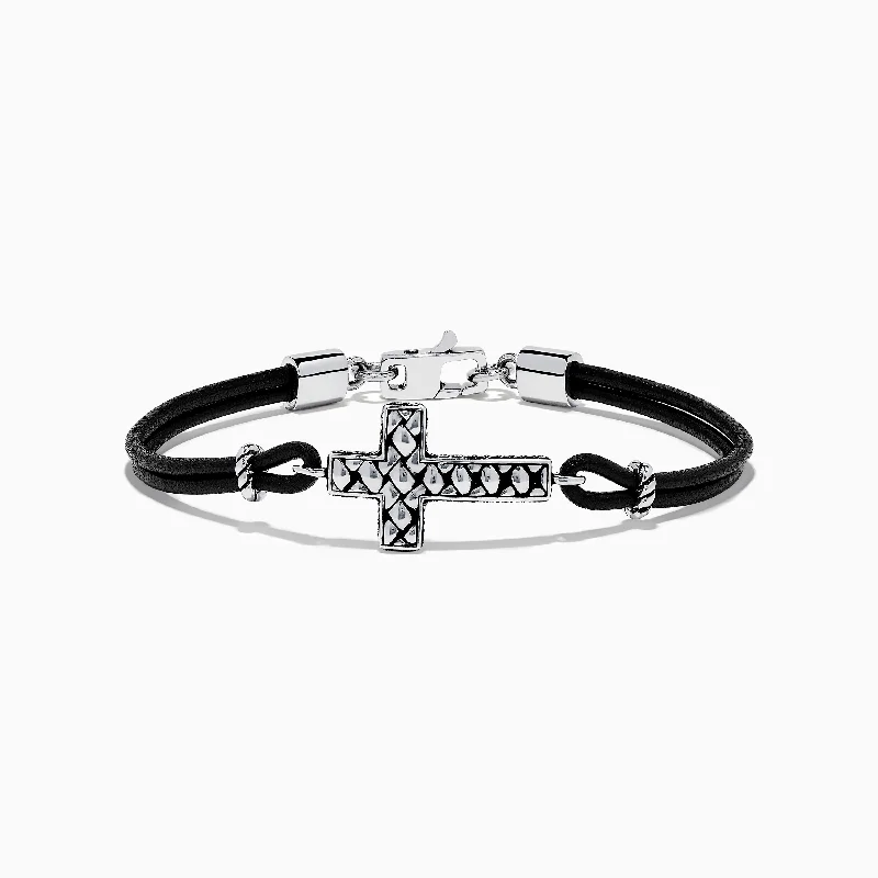 Men's 925 Sterling Silver and Leather Cross Bracelet