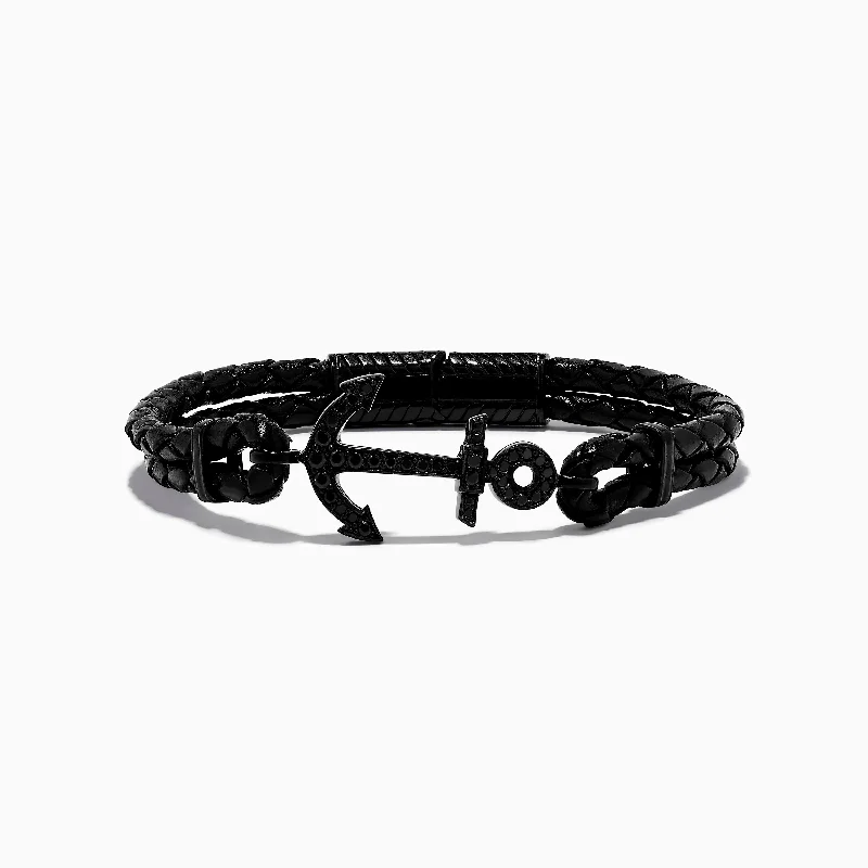 Men's 925 Sterling Silver Black Spinel Anchor Leather Bracelet