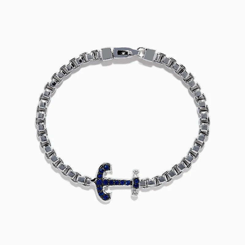 Men's 925 Sterling Silver Blue Sapphire Anchor Box Chain Link Bracelet