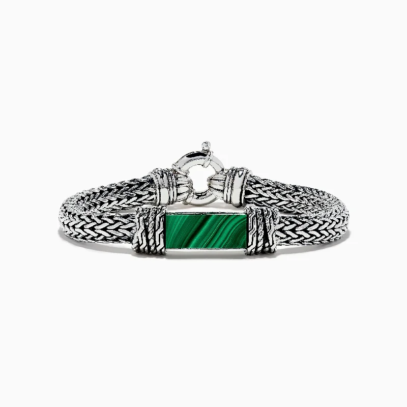 Men's 925 Sterling Silver Braided Chain Malachite Bracelet 10.20 TCW