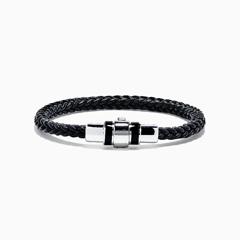 Men's Sterling Silver and Black Agate Leather Bracelet