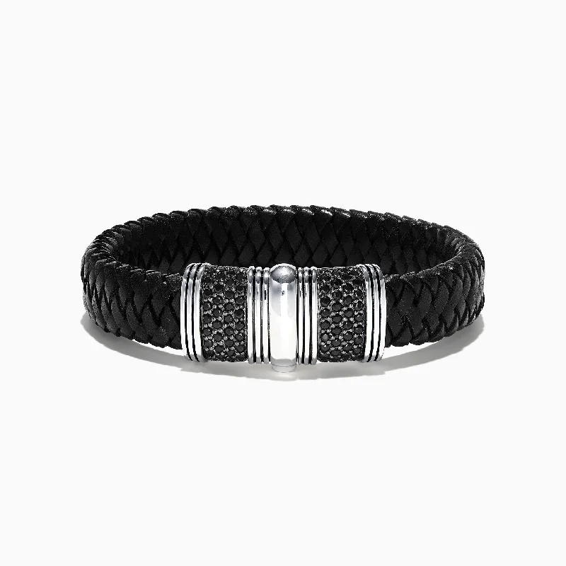 Men's Sterling Silver and Leather Black Sapphire Bracelet, 2.70 TCW