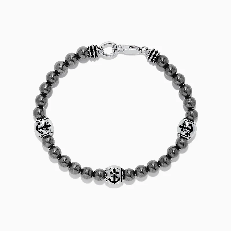 Men's Sterling Silver Beaded Hematite Anchor Bracelet, 71.43 TCW