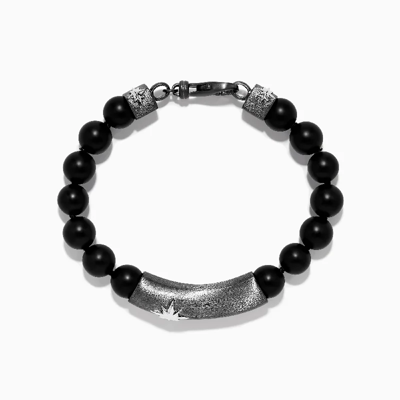 Men's Sterling Silver Beaded Black Agate Bracelet