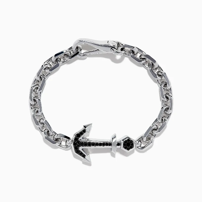 Men's Sterling Silver Chain Link Black Spinel Anchor Bracelet 0.76 TCW