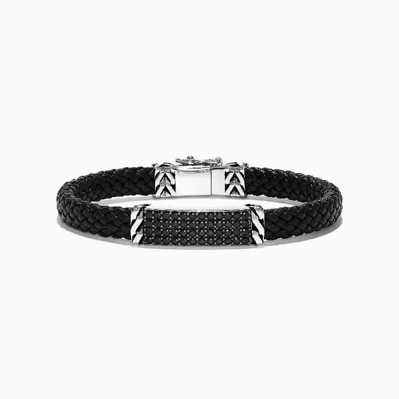 Men's Sterling Silver Black Spinel Leather Bracelet, 2.11 TCW